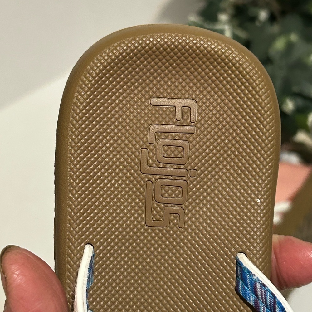 Flojos White and Brown Flip Flops with Blue Accent - Picture 6 of 7